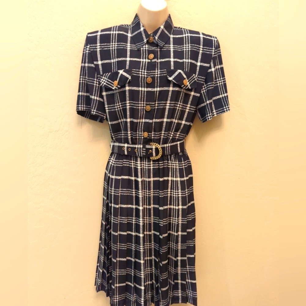 Vintage Leslie Fay Sz 10 Career Dress Midi Black White Plaid Belted